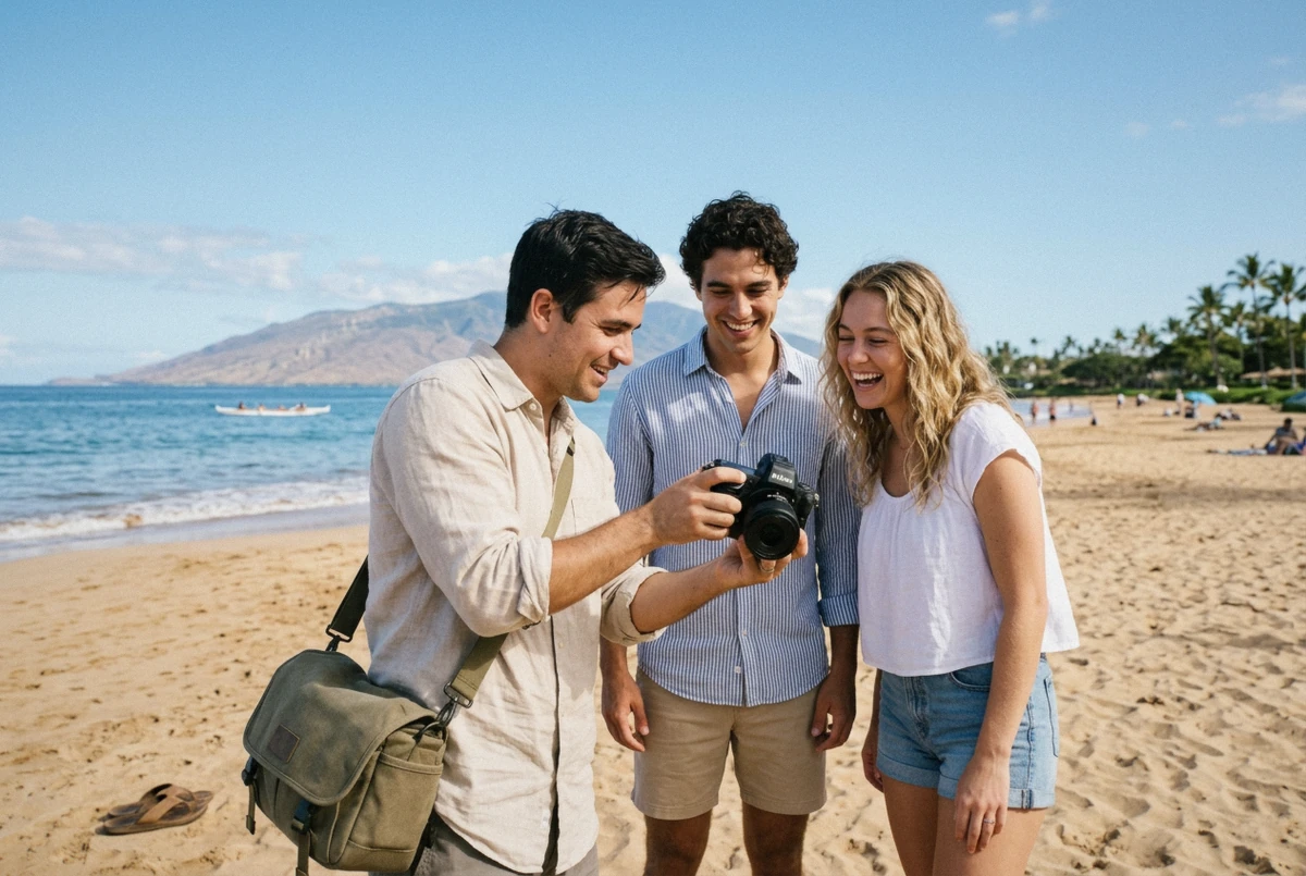 A photographer reviewing prices and frames with clients on the sand, working out a maui photoshoot cost before golden hour