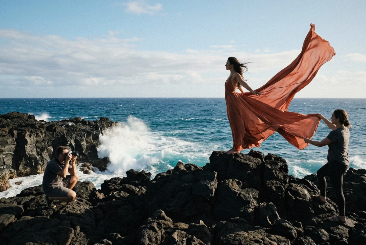 A woman on black lava rock at sunset with a long red train lifted by the wind, the signature flying dress maui photoshoot frame