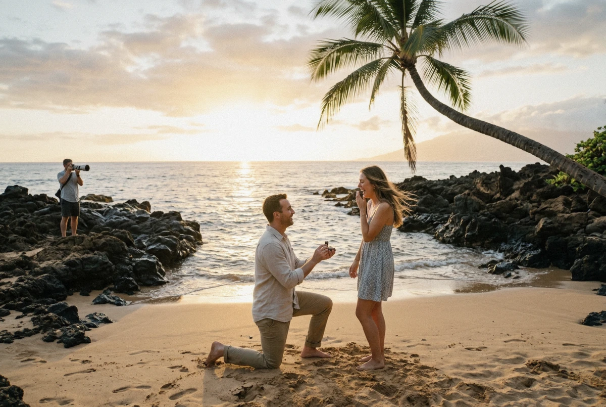 A man proposing on a lava-rock cove at golden hour while a photographer works from a distance, the classic maui proposal photoshoot frame