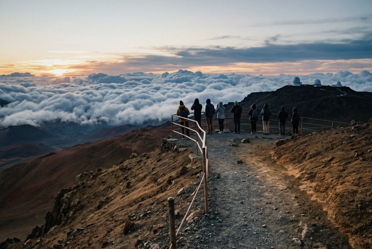 Visitors silhouetted above a sea of clouds at the Haleakala summit at sunset on a Maui photo tour