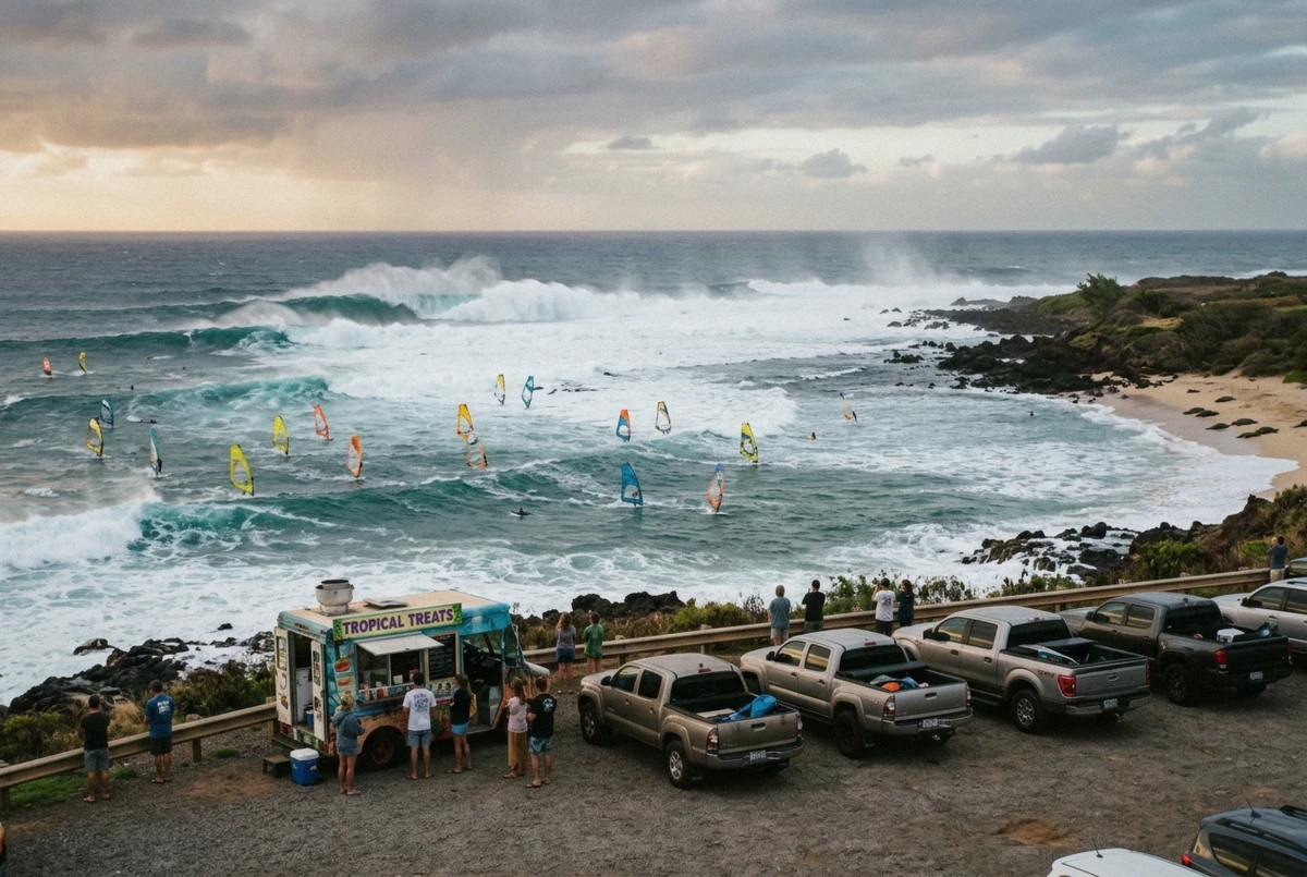 Winter surf and windsurf sails at Hookipa Beach lookout on Maui's north shore with turtles on the sand