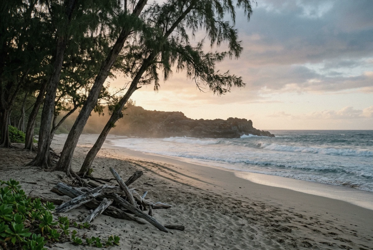 Ironwood trees and lava point at Oneloa Bay in Kapalua at sunset, a West Maui photoshoot location
