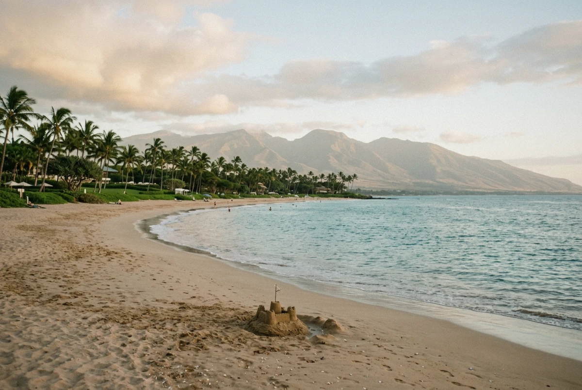The wide crescent of Wailea Beach at golden hour with the West Maui mountains behind, a classic Maui photoshoot setting