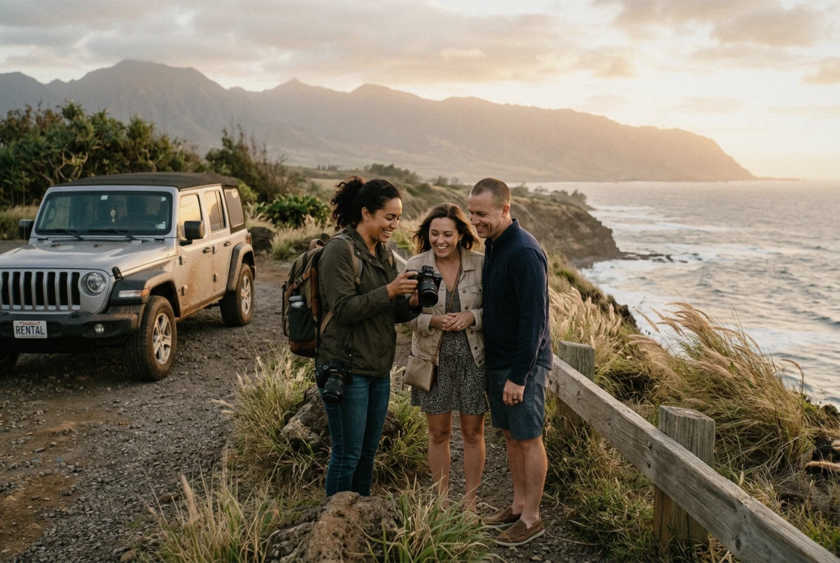 A photographer reviewing frames with a couple at a coastal lookout, planning maui photo spots at golden hour