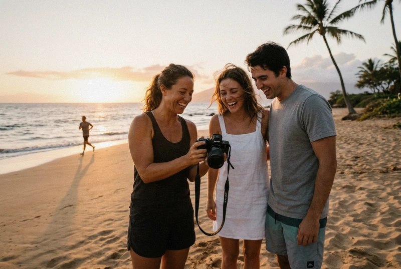 A local photographer reviewing frames with a couple on a Maui beach during a private Maui photoshoot session at sunset